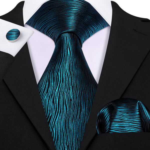 Dark Cyan Water Wave Pattern Novelty Men's Necktie Pocket Square Cufflinks Set