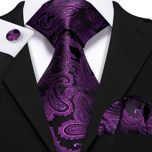 Black Purple Paisley Luxury Men's Necktie Pocket Square Cufflinks Set