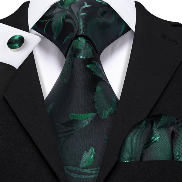Dark Green Leaves Floral Men's Necktie Pocket Square Cufflinks Set