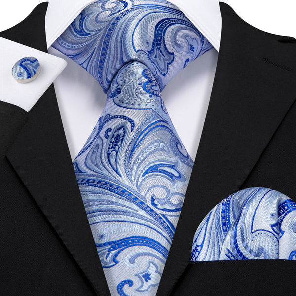 Sky Blue Paisley Men's Necktie Pocket Square Cufflinks Set