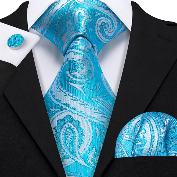 Cerulean Paisley Men's Necktie Pocket Square Cufflinks Set