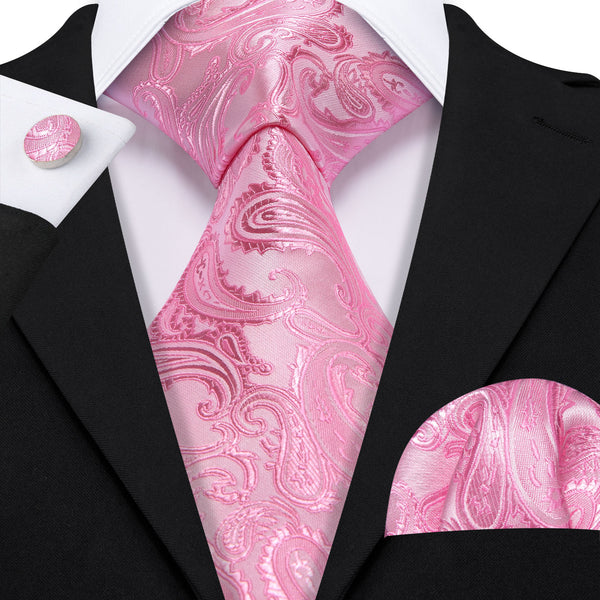 PaleVioletRed Paisley Men's Necktie Pocket Square Cufflinks Set
