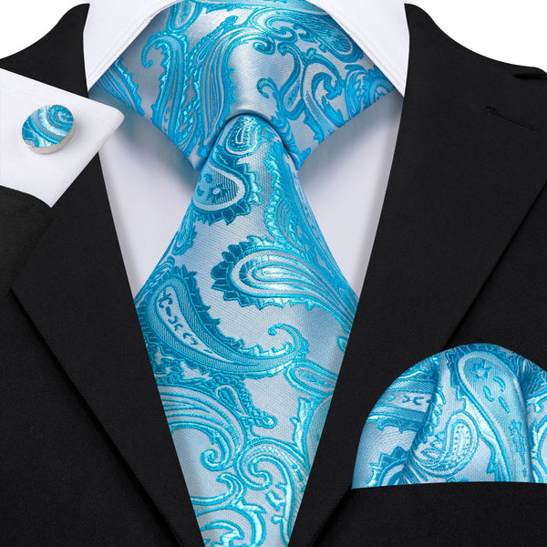 DeepSkyBlue Paisley Men's Necktie Pocket Square Cufflinks Set