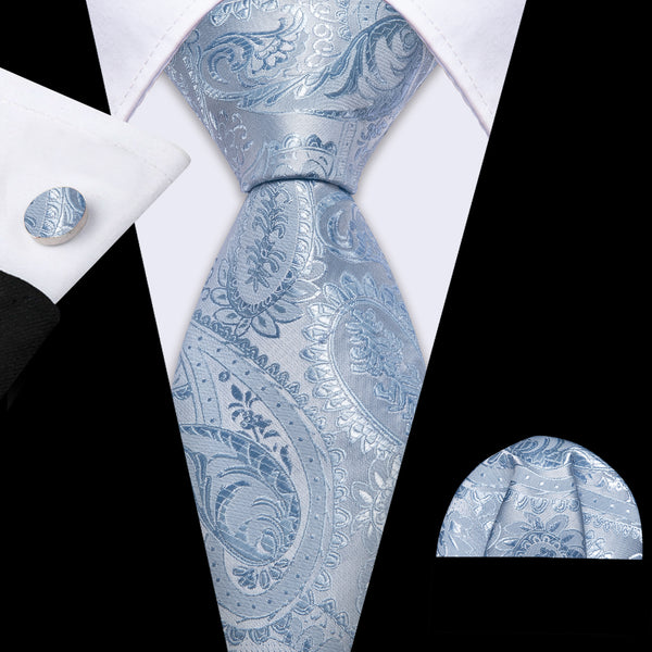 BabyBlue Paisley Men's Necktie Pocket Square Cufflinks Set