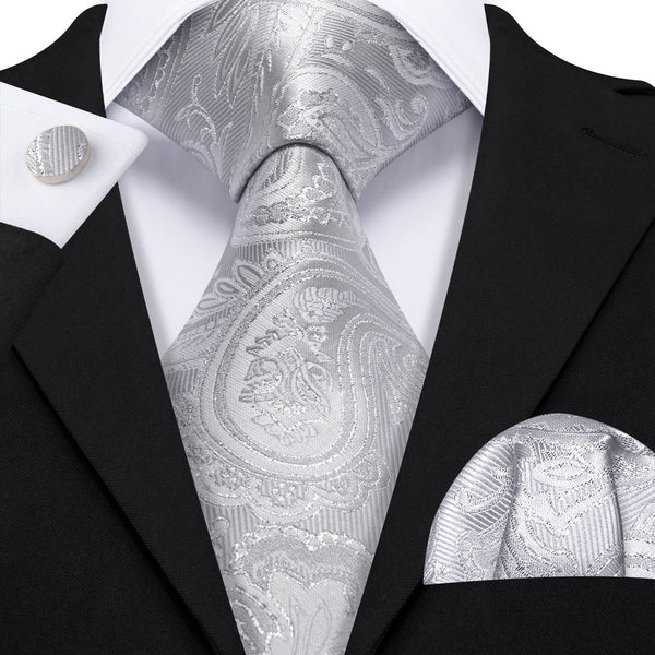 Sliver Grey Paisley Men's Necktie Pocket Square Cufflinks Set