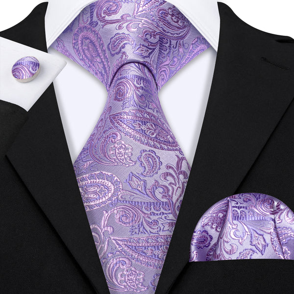 Purple Orchid Paisley Men's Necktie Pocket Square Cufflinks Set