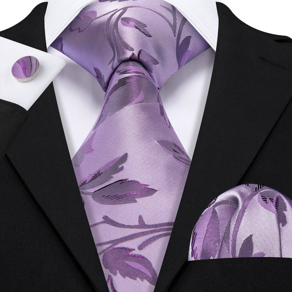 Light Purple Floral Men's Necktie Pocket Square Cufflinks Set