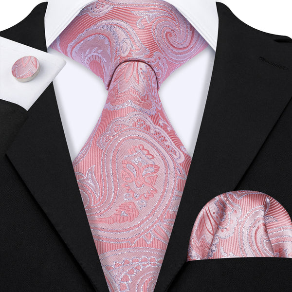 LightPink Lemonade Pink Paisley Men's Necktie Pocket Square Cufflinks Set