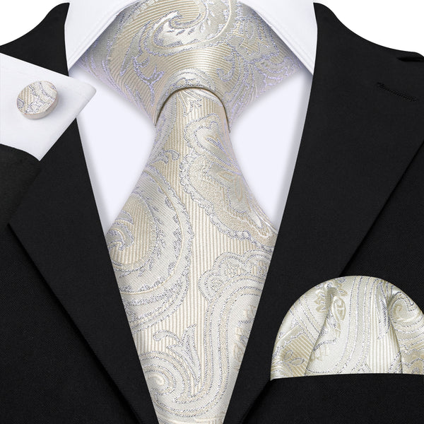 Ivory White Paisley Men's Necktie Pocket Square Cufflinks Set