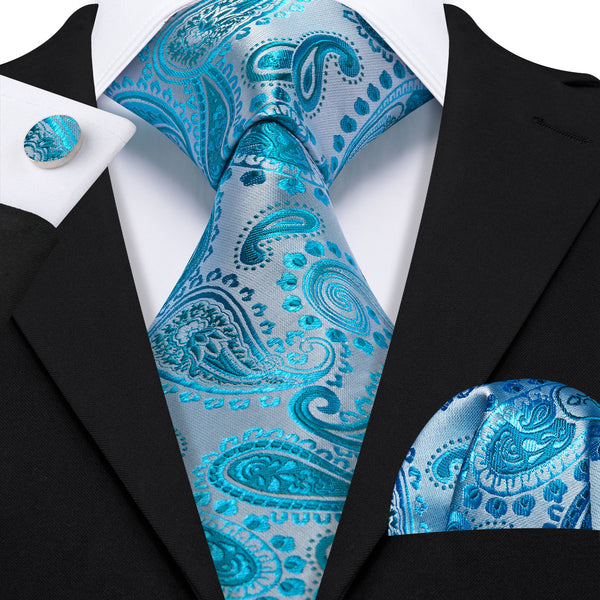 Blue Paisley Luxury Men's Necktie Pocket Square Cufflinks Set
