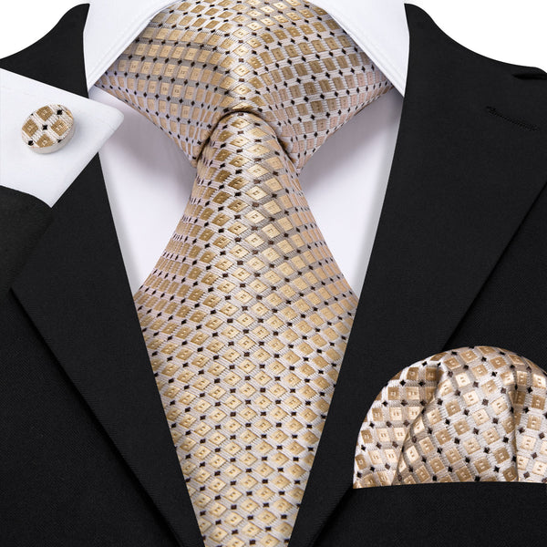 Light Brown Geometric Silk Classic Men's Necktie Pocket Square Cufflinks Set