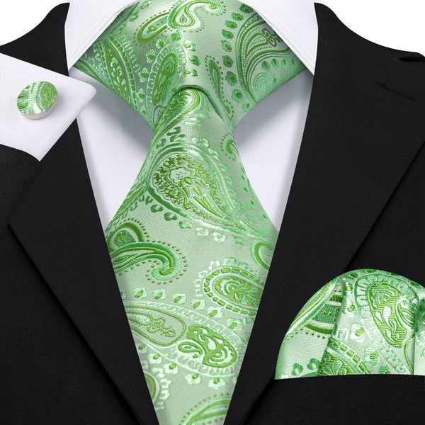 Apple Green Paisley Luxury Men's Necktie Pocket Square Cufflinks Set