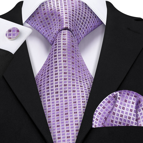 Light Purple Geometric Men's Necktie Hanky Cufflinks Set