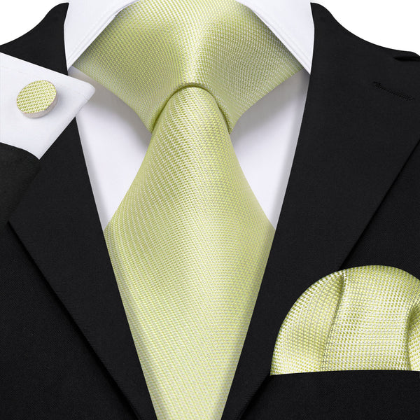 Light Yellow Solid Silk Men's Necktie Handkerchief Cufflinks Set