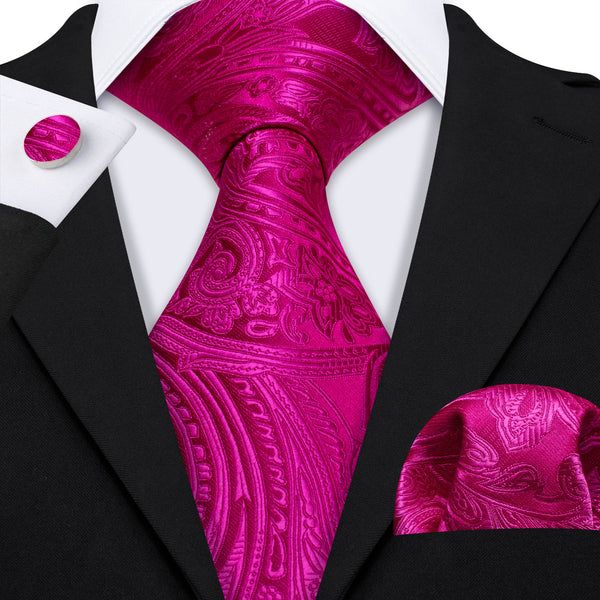 MediumVioletRed Paisley Men's Necktie Pocket Square Cufflinks Set