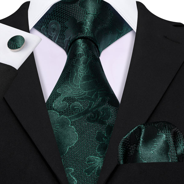 Sapphire Pine Green Floral Men's Necktie Pocket Square Cufflinks Set