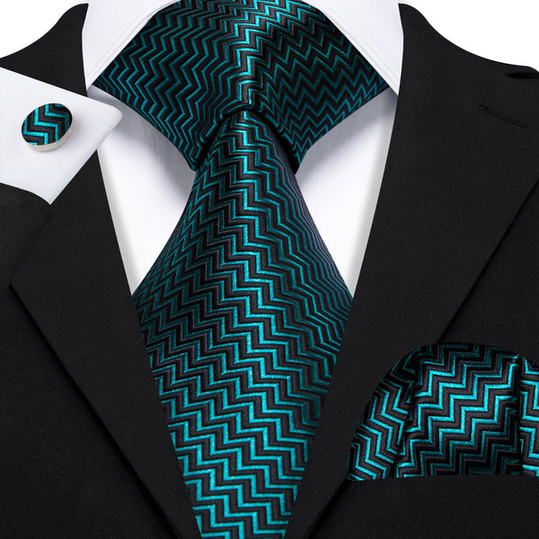 Deep Green Solid Herringbone Woven Formal Men's Necktie Pocket Square Cufflinks Set