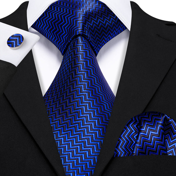 Deep Blue Solid Herringbone Woven Formal Men's Necktie Pocket Square Cufflinks Set