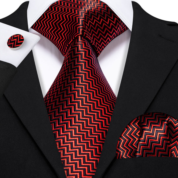 Black Red Geometric Men's Necktie Pocket Square Cufflinks Set