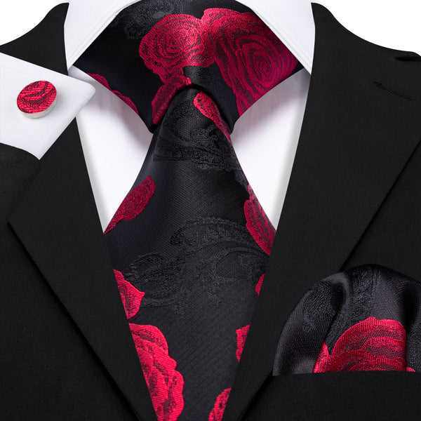 Black Red Rose Floral Men's Necktie Pocket Square Cufflinks Set