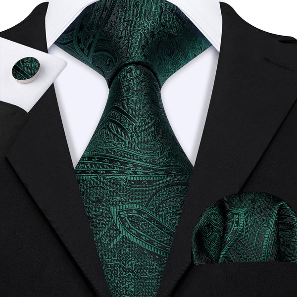 Sapphire Pine Green Paisley Men's Necktie Pocket Square Cufflinks Set