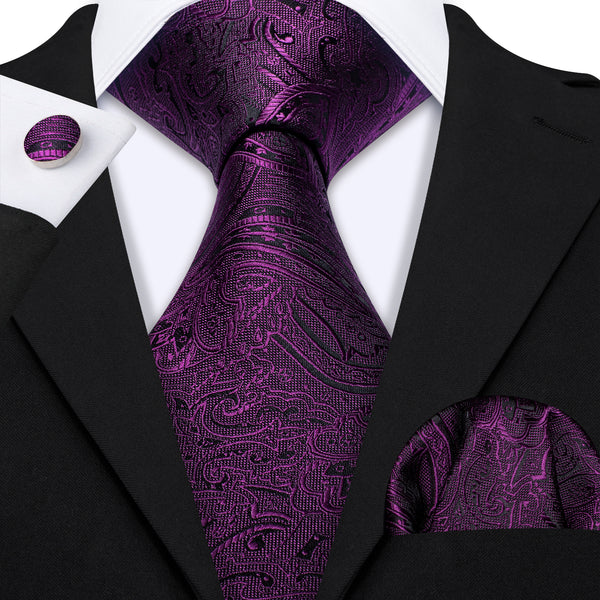 Eggplant Purple Paisley Men's Necktie Pocket Square Cufflinks Set