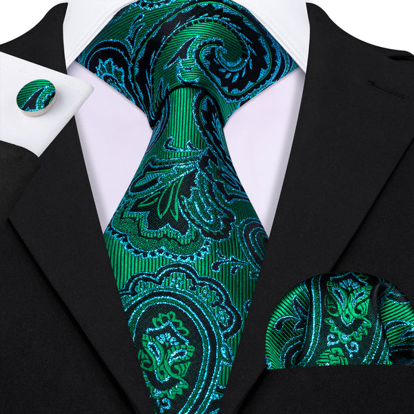 Emerald Green Blue Floral Men's Necktie Pocket Square Cufflinks Set