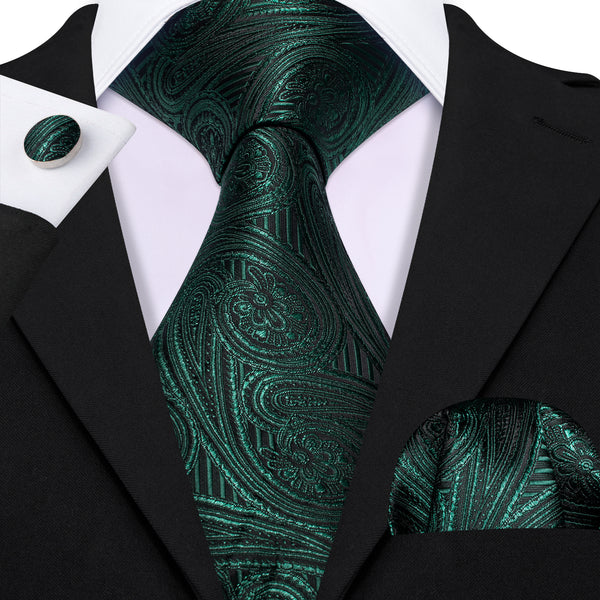 Pine Green Paisley Men's Necktie Pocket Square Cufflinks Set