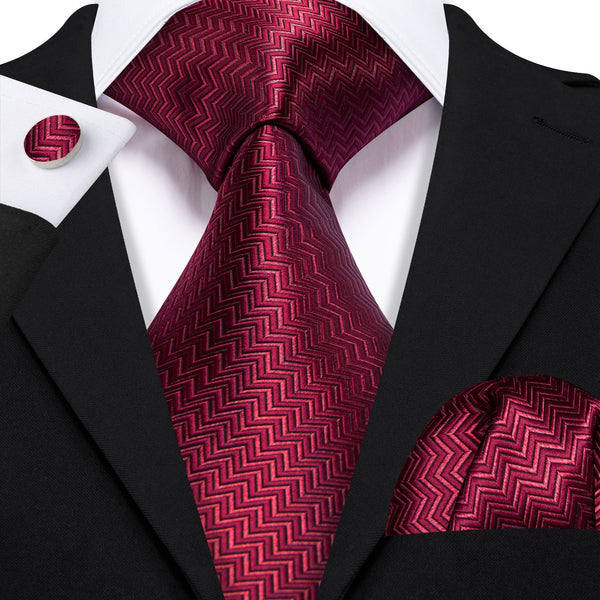 Wine Red Solid Herringbone Woven Formal Men's Necktie Pocket Square Cufflinks Set