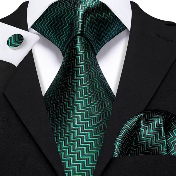 Dark Green Solid Herringbone Woven Formal Men's Necktie Pocket Square Cufflinks Set