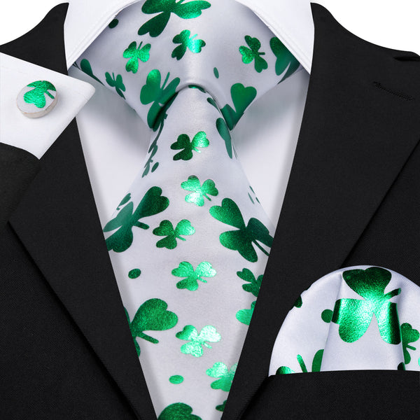 White Green Clover Floral Novelty Men's Necktie Pocket Square Cufflinks Set