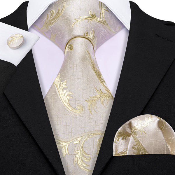 Linen White Floral Men's Necktie Pocket Square Cufflinks Set
