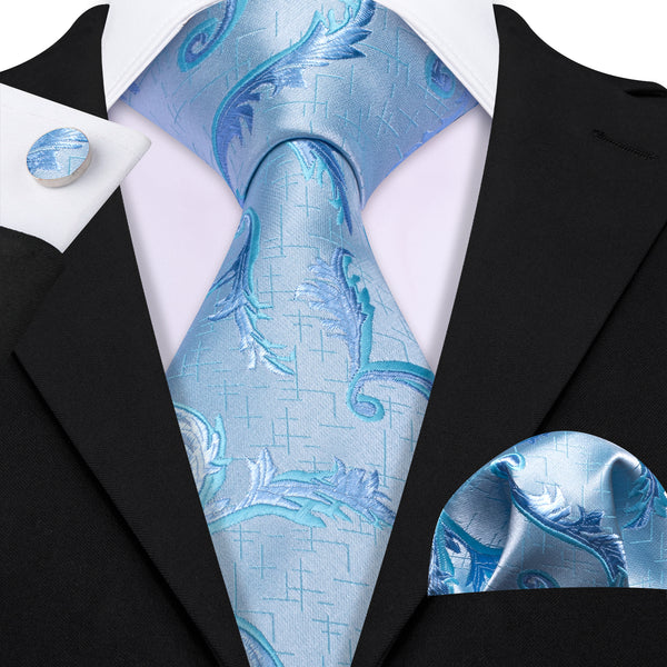 Arctic Blue Floral Men's Necktie Pocket Square Cufflinks Set