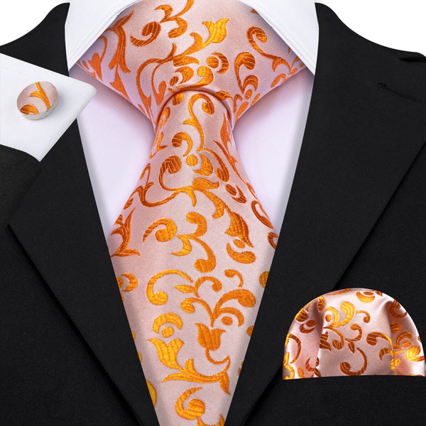 Orange Floral Men's Necktie Pocket Square Cufflinks Set