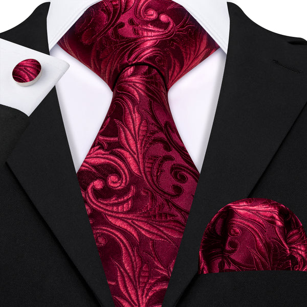 Burgundy Red Paisley Men's Necktie Pocket Square Cufflinks Set