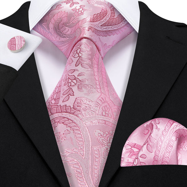 Baby Pink Floral Men's Necktie Pocket Square Cufflinks Set