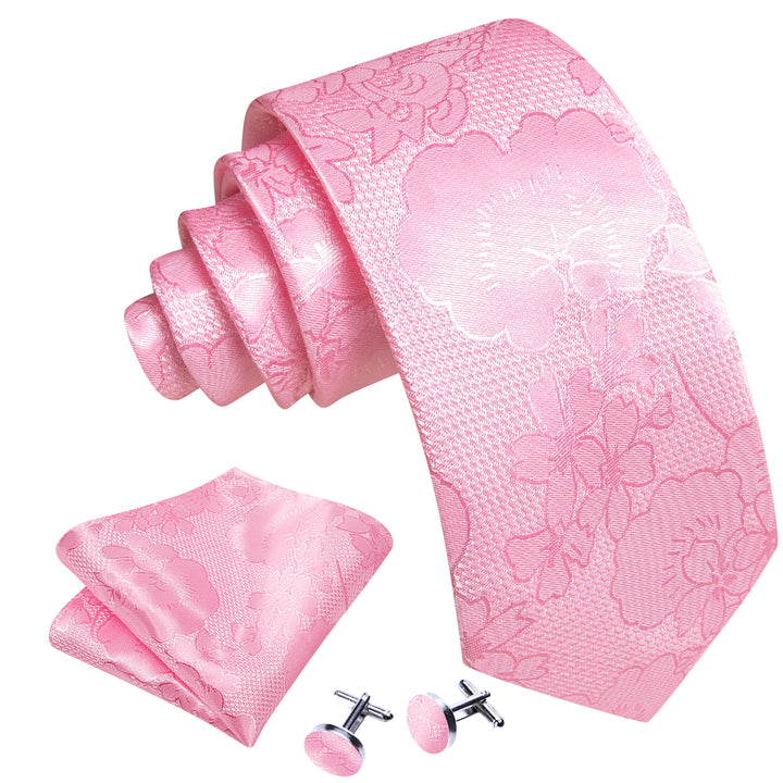 Light Pink Floral Men's Necktie Pocket Square Cufflinks Set