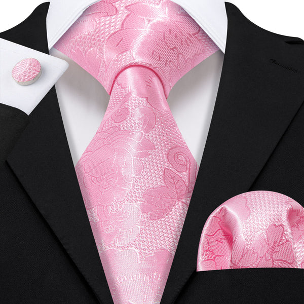 LightPink Floral Men's Necktie Pocket Square Cufflinks Set