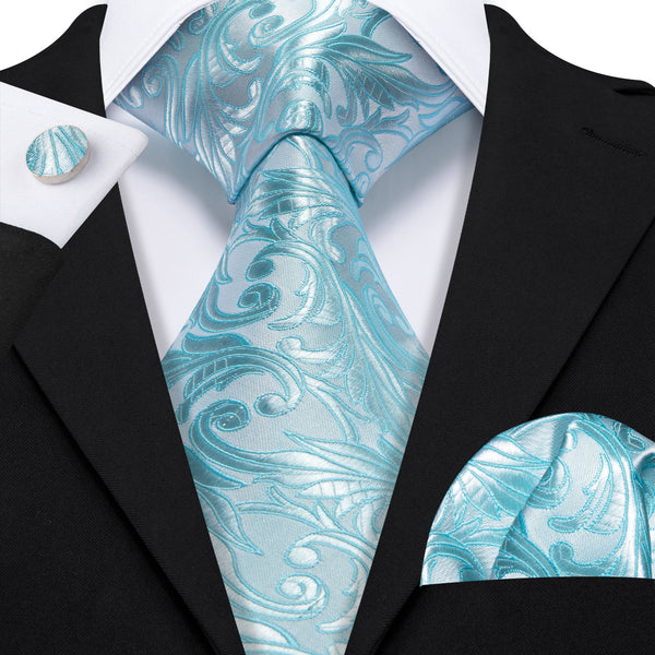 Light Blue Floral Men's Necktie Pocket Square Cufflinks Set