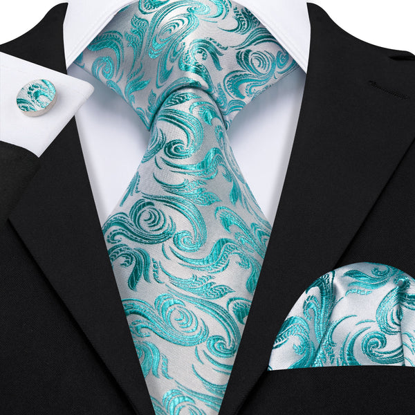 Sliver Teal Paisley Men's Necktie Pocket Square Cufflinks Set