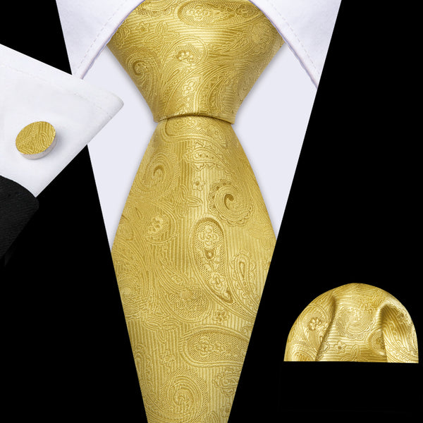 Gold Paisley Men's Necktie Pocket Square Cufflinks Set