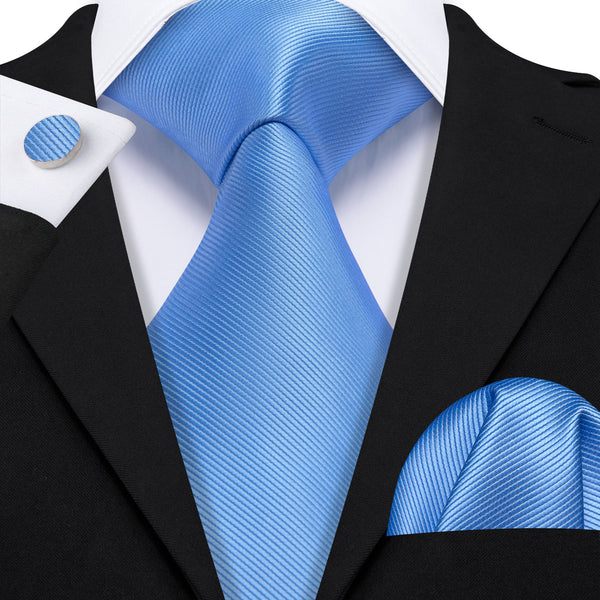 Blue Solid Silk Classic Men's Necktie Handkerchief Cufflinks Set