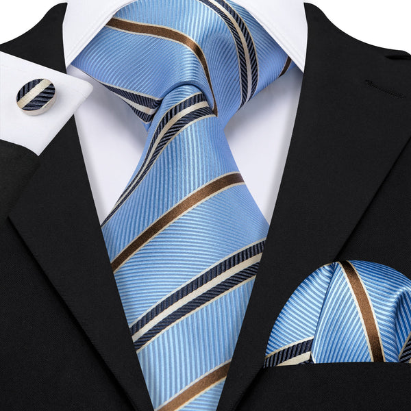 Blue Brown Black Striped Business Men's Necktie Pocket Square Cufflinks Set