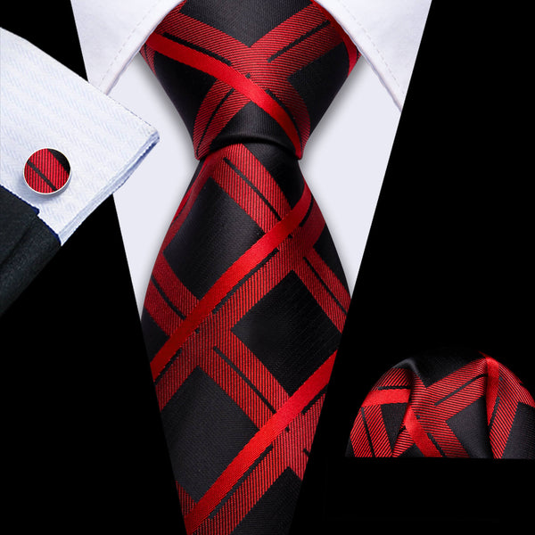 Black Orange Red Jacquard Woven Plaid Silk Tie 