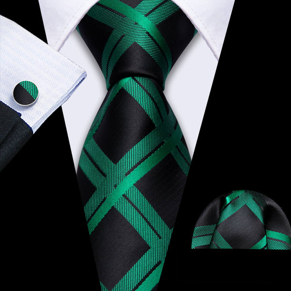 Black Emerald Green Woven Plaid Silk Tie