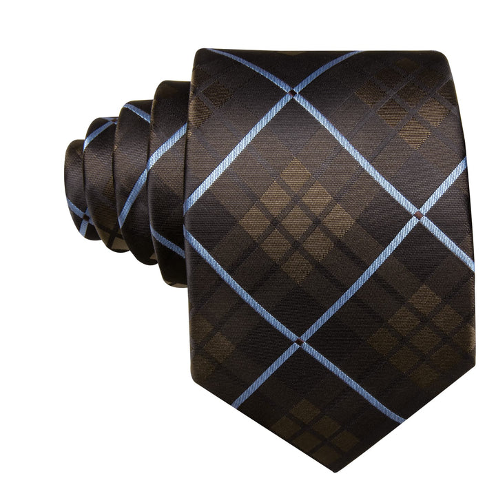 deep brown light blue plaid silk mens ties pocket square cufflinks set