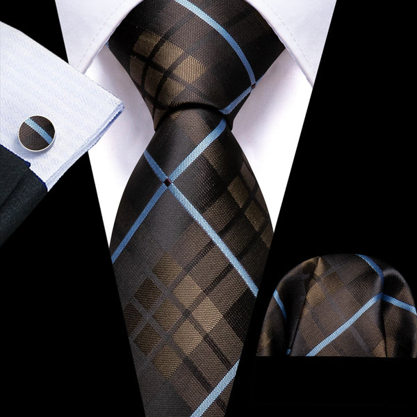 deep brown light blue plaid silk mens ties pocket square cufflinks set