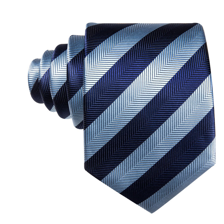 navy blue and sky blue striped mens silk tie handkerchief cufflinks set for mens suit business