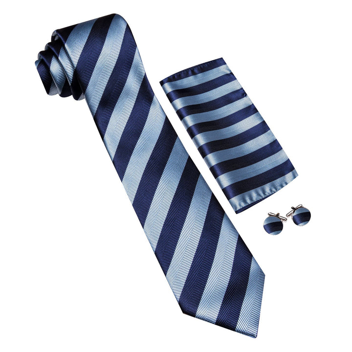 navy blue and sky blue striped mens silk tie handkerchief cufflinks set for mens suit business