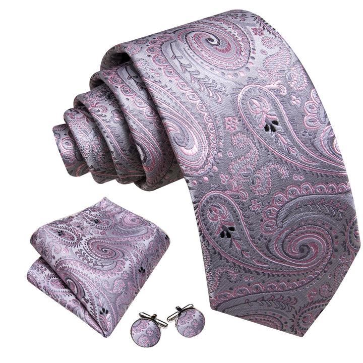 sliver grey pink paisley mens silk suit dress ties set
